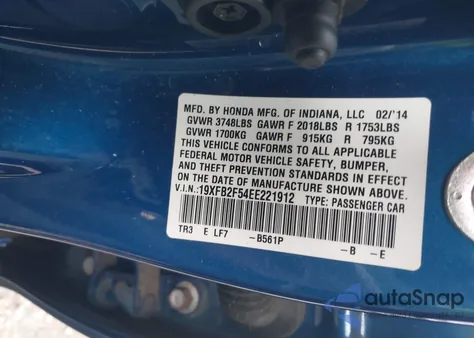 2014 Honda Civic Lx из США, поврежденный, VIN 19XFB2F54EE221912